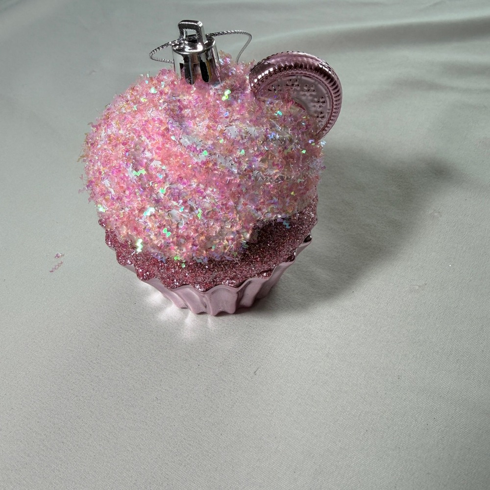Pink Glitter Cupcake Christmas Ornament with Cookie Accent Holiday Decor